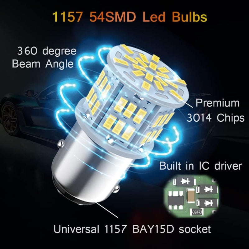 Melphan-Auto 1157 Led Brake Light Bulb, 12V-24V 1157 7528 2357 2057 BAY15D LED Replacement Light Bulb for Brake Tail Light for Car RV Trailer Boat, 54SMD 3014 Chipset White light, 2PCS - Image 5